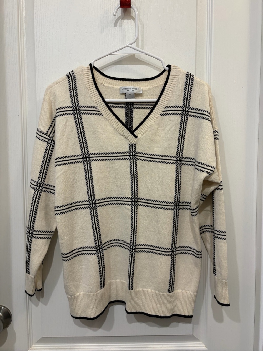 Christopher & Banks Cream V-Neck Sweater with Black Windowpane